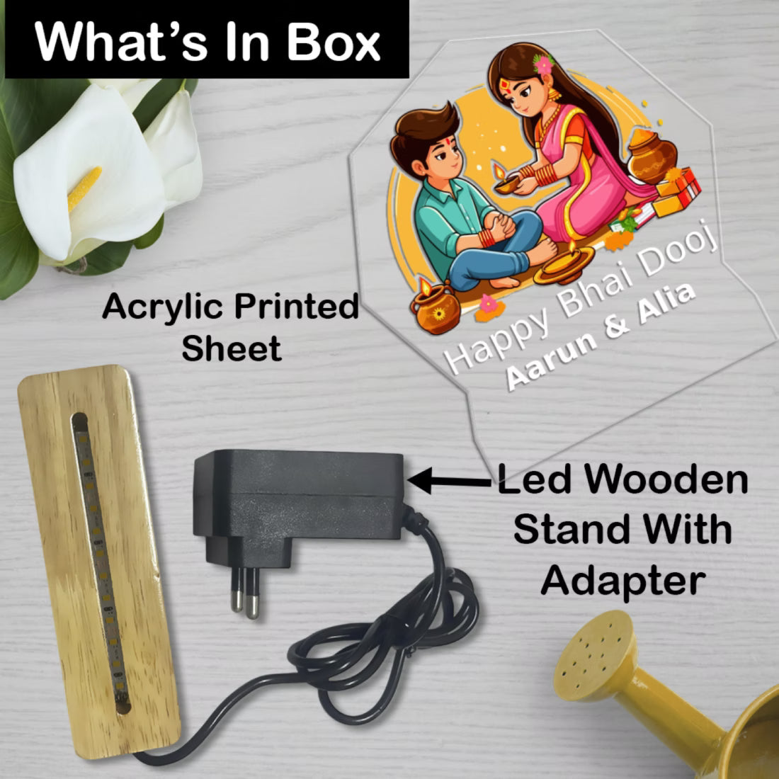 Personalized Bhai Dooj acrylic LED lamp with custom names and tilak ceremony design on wooden base – Fashionury