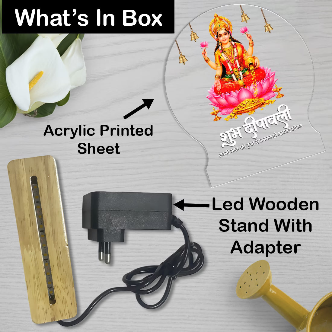 Shubh Deepavali Maa Lakshmi acrylic LED table lamp with lotus and temple bells design on warm glow wooden stand – Fashionury