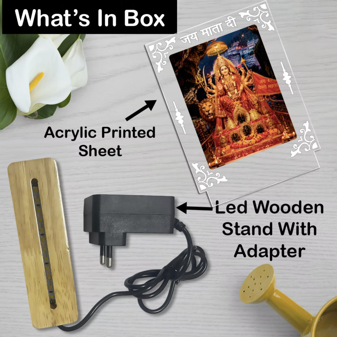 Mata Vaishno Devi acrylic LED table lamp with Jai Mata Di design and warm glow on wooden stand – Fashionury