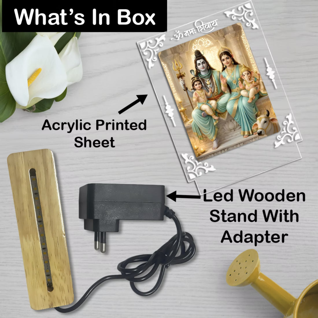 Shiv Parivar acrylic LED table lamp with Om Namah Shivay design and warm glow on wooden stand – Fashionury