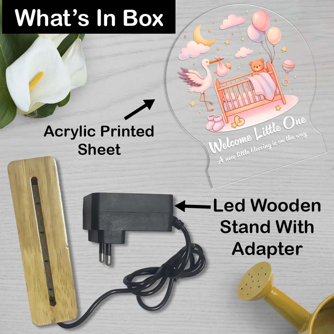 Welcome Little One personalized baby name acrylic LED night lamp with crib and stork design on wooden stand – Fashionury