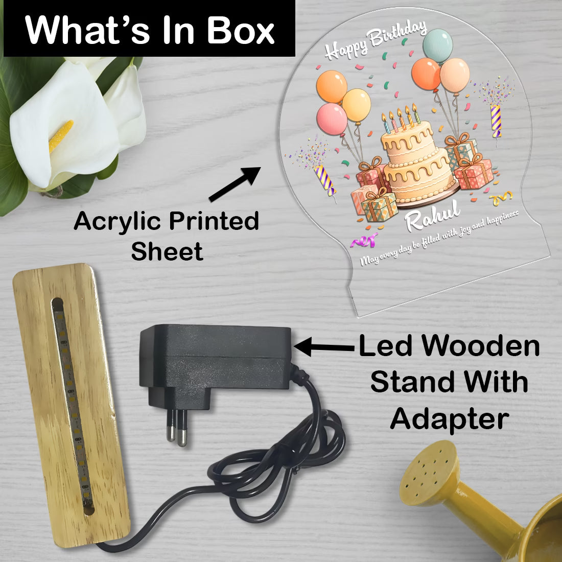 Personalized Happy Birthday acrylic LED table lamp with custom name, cake and balloons on warm glow wooden stand – Fashionury