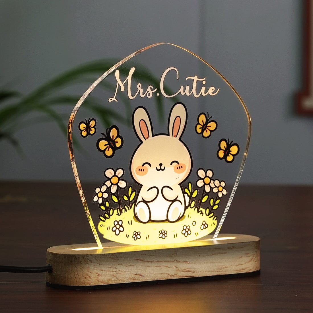 Side View Of Fashionury Custom Name Acrylic Night Led Lamp with Wooden Base and Bunny on Cute Panel