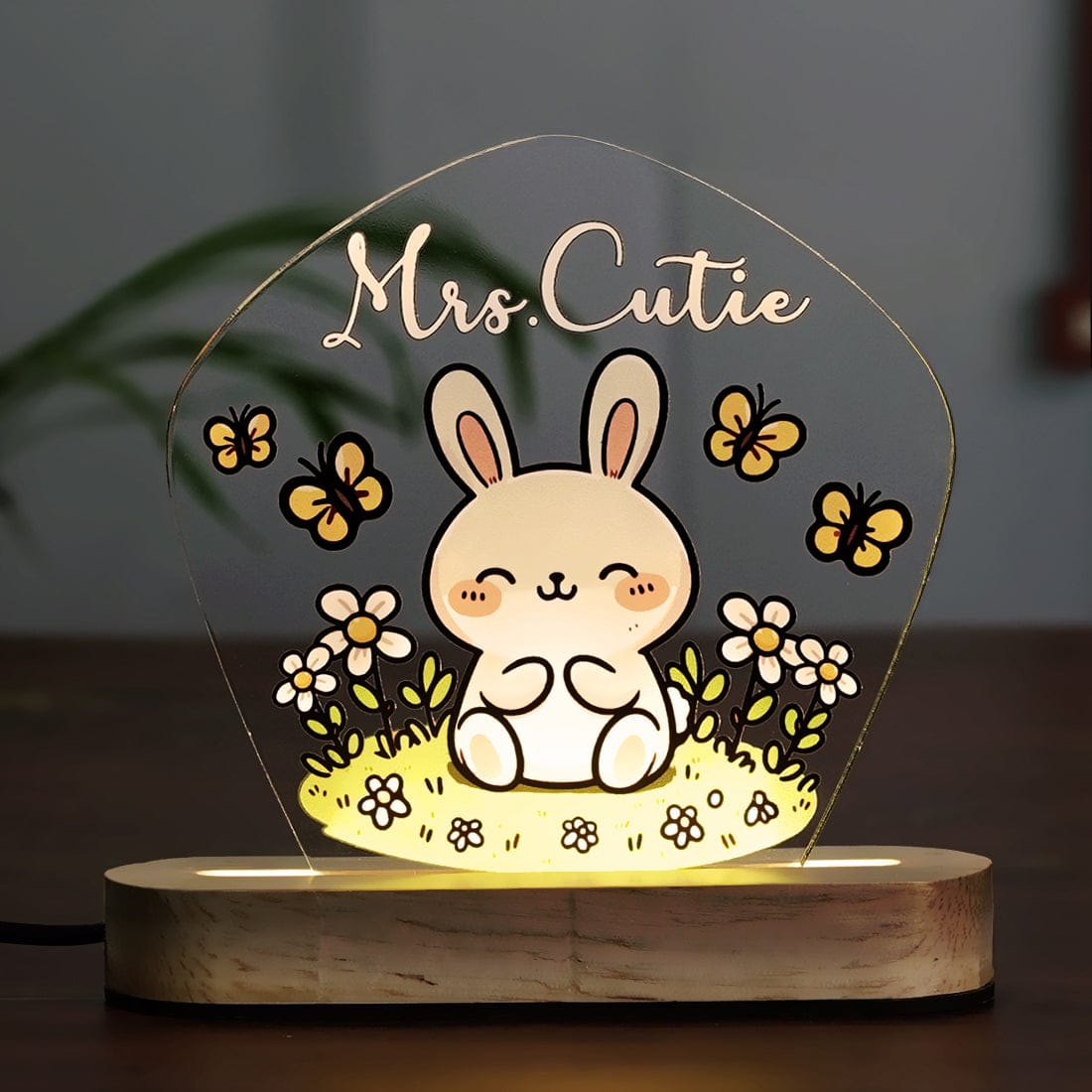 Personalized Cute Bunny Illustration Acrylic LED Night Wooden base Lamp with Warm Glow and Custom Text