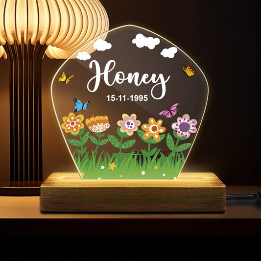 Fashionury Custom Name Acrylic Night Led Wooden Base Lamp with Floral design on Panel 