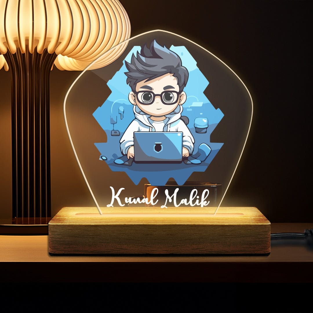 Cool Tech Theme Acrylic Custom Name LED Lamp placed on a study desk for motivation with warm glow at Fashionury