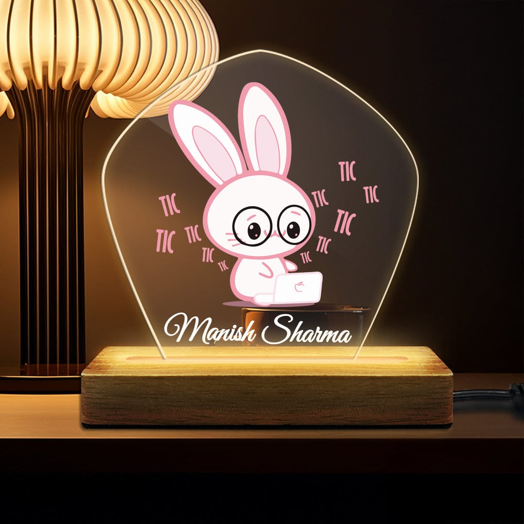 Custom Name Acrylic Name Led Wooden Base Night Lamp with Cute Rabbit Panel at Fashionury