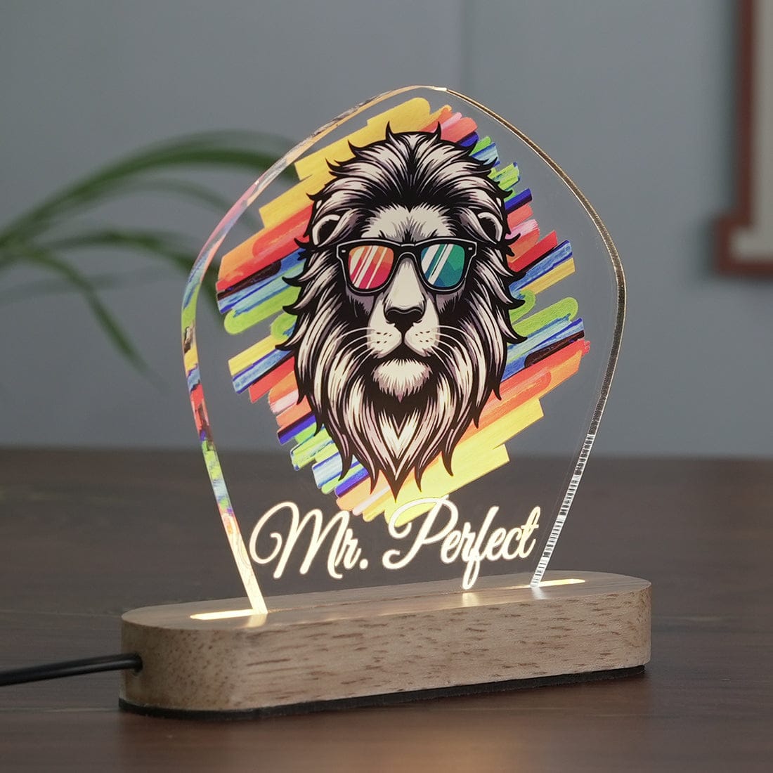 Side View of Fashionury Custom Name Acrylic Led Night Lamp with Wooden Base – Strong lion on Panel
