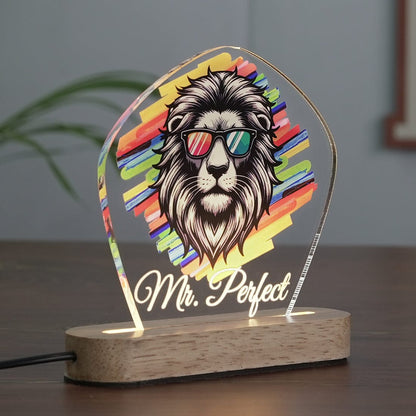 Side View of Fashionury Custom Name Acrylic Led Night Lamp with Wooden Base – Strong lion on Panel