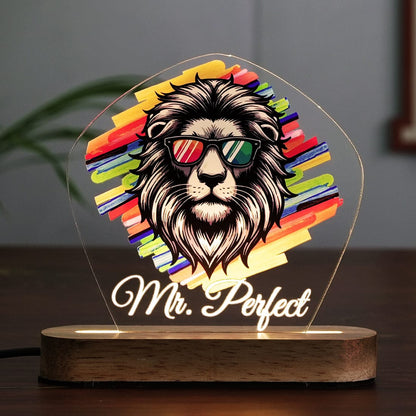 Custom Acrylic Name Led Lamp of Cool Lion with Sunglasses and Colorful Background Art on Acrylic Panel at Fashionury