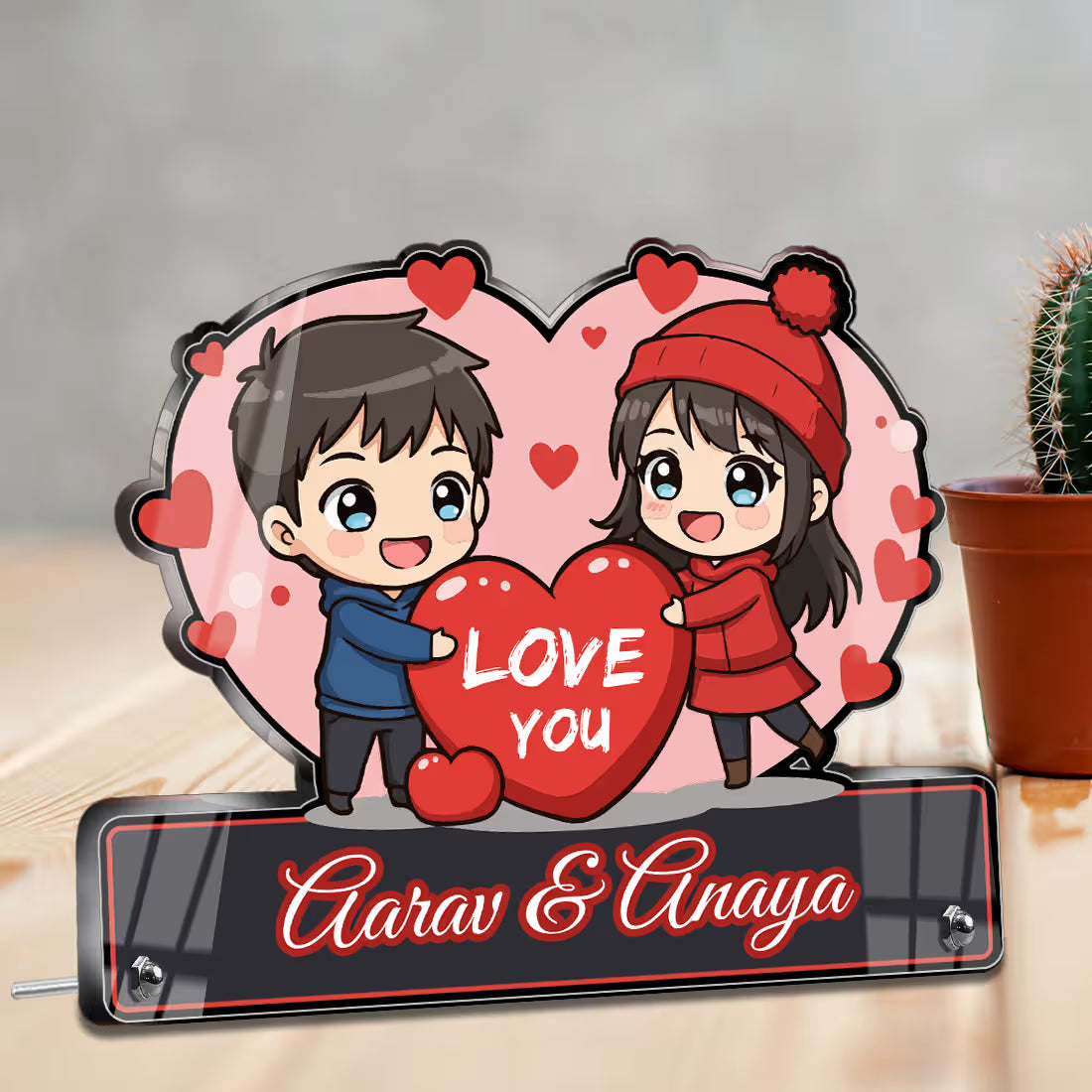 Custom text portrait frame. Heart-shaped acrylic stand with cute cartoon couple holding 'Love You' heart.