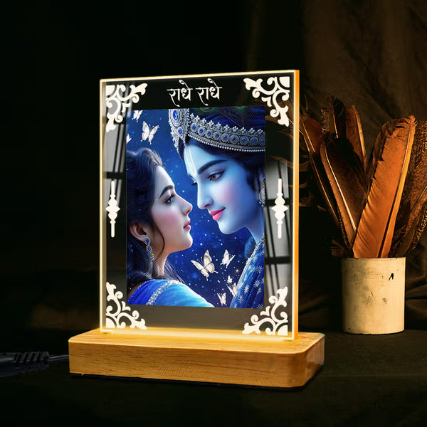 Shree Radha-Krishna Acrylic Led Lamp - Wooden Stand-D1