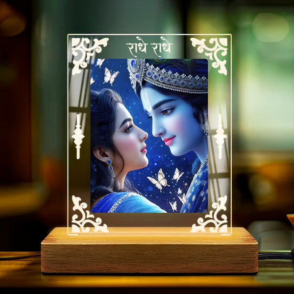 Shree Radha-Krishna Acrylic Led Lamp - Wooden Stand-D1