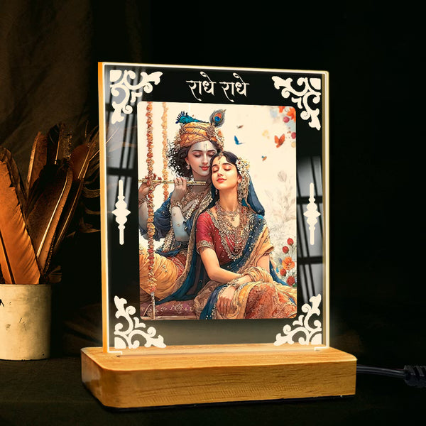 Shree Radha-Krishna Acrylic Led Lamp - Wooden Stand D3