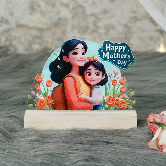 Acrylic tabletop gift with 'Happy Mother's Day' text and wooden base