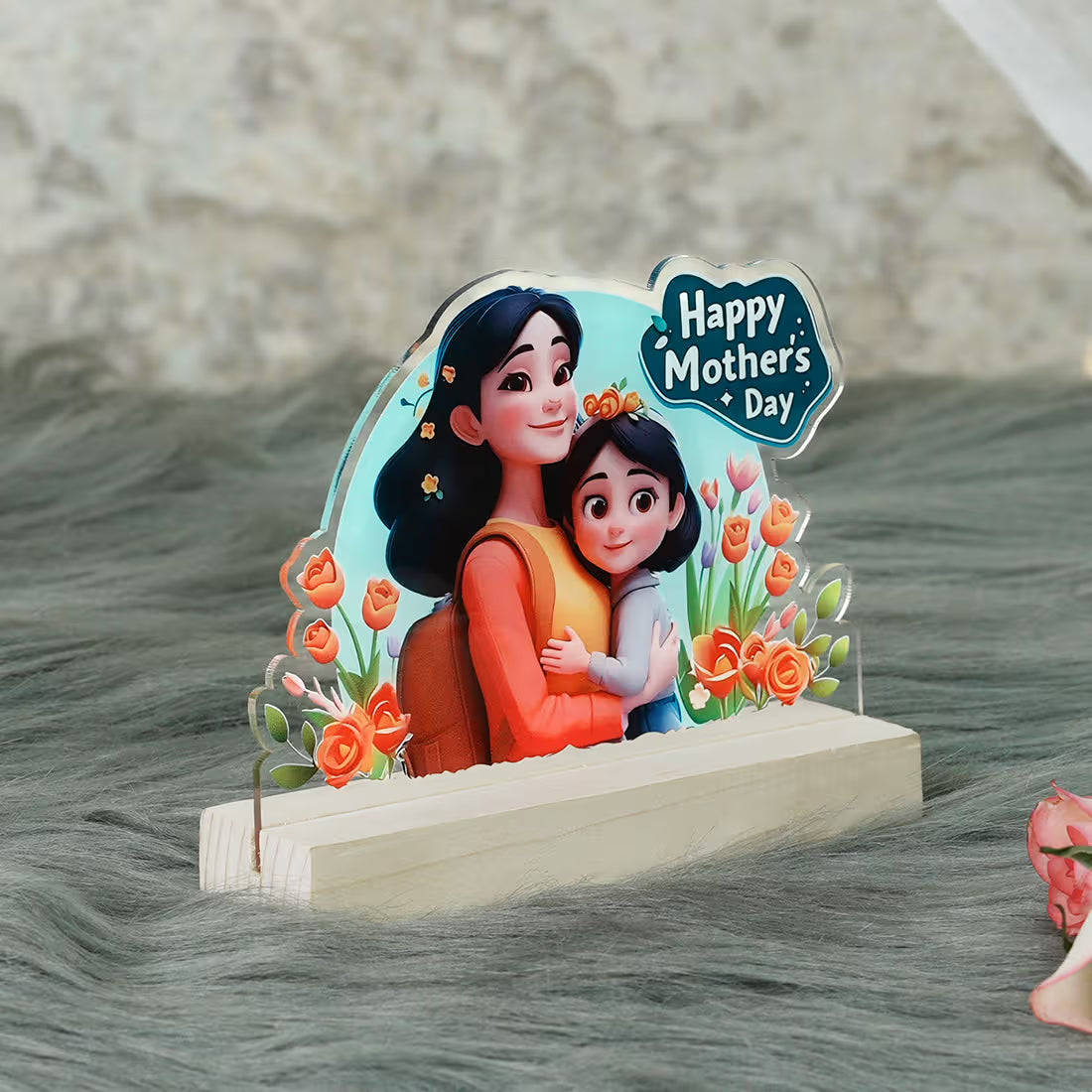 Acrylic tabletop gift with 'Happy Mother's Day' text and wooden base