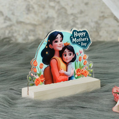 Acrylic tabletop gift with 'Happy Mother's Day' text and wooden base