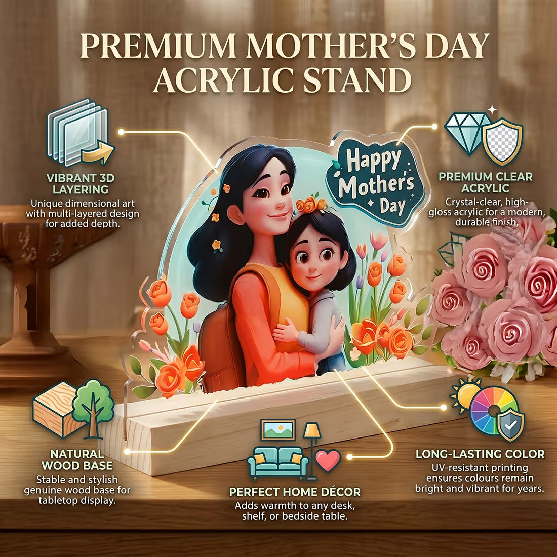 Acrylic tabletop gift with 'Happy Mother's Day' text and wooden base