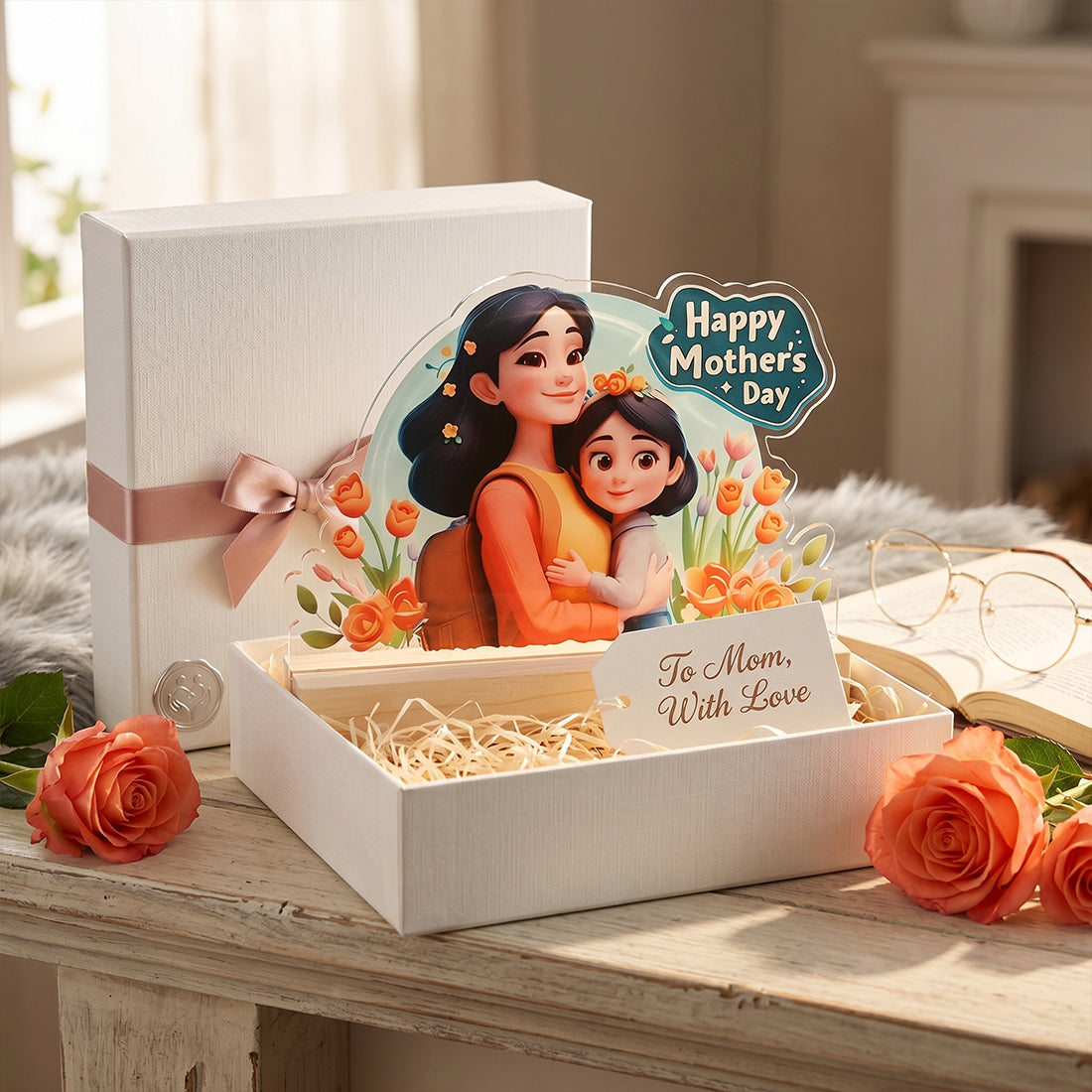 Acrylic tabletop gift with 'Happy Mother's Day' text and wooden base