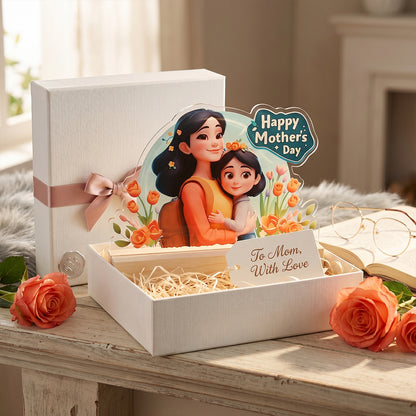 Acrylic tabletop gift with 'Happy Mother's Day' text and wooden base