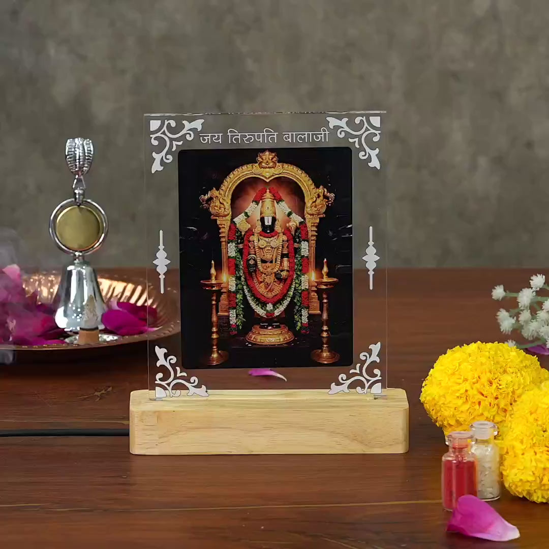 Showcase Video Of Tirupati Balaji Ji Acrylic LED Lamp With Wooden Base And Warm Glow for Spritual Peace