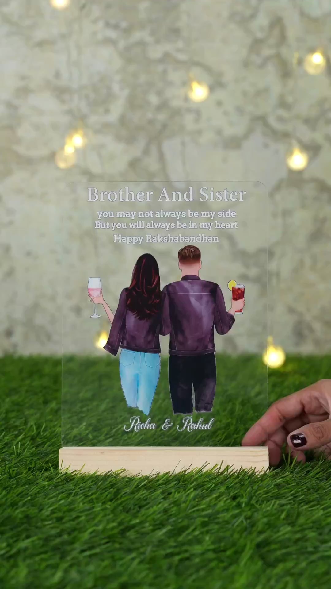 Showcase video of Custom acrylic photo frame with Richa and Rahul names, brother and sister quote for Rakhi gift