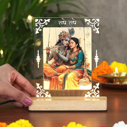 Shree Radha-Krishna Acrylic Led Lamp - Wooden Stand D2