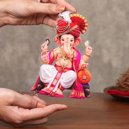 Showcase Video of Lord Ganesha Maharaja with red pheta acrylic tabletop frame cut-out design – Ganesh Chaturthi decor by Fashionury