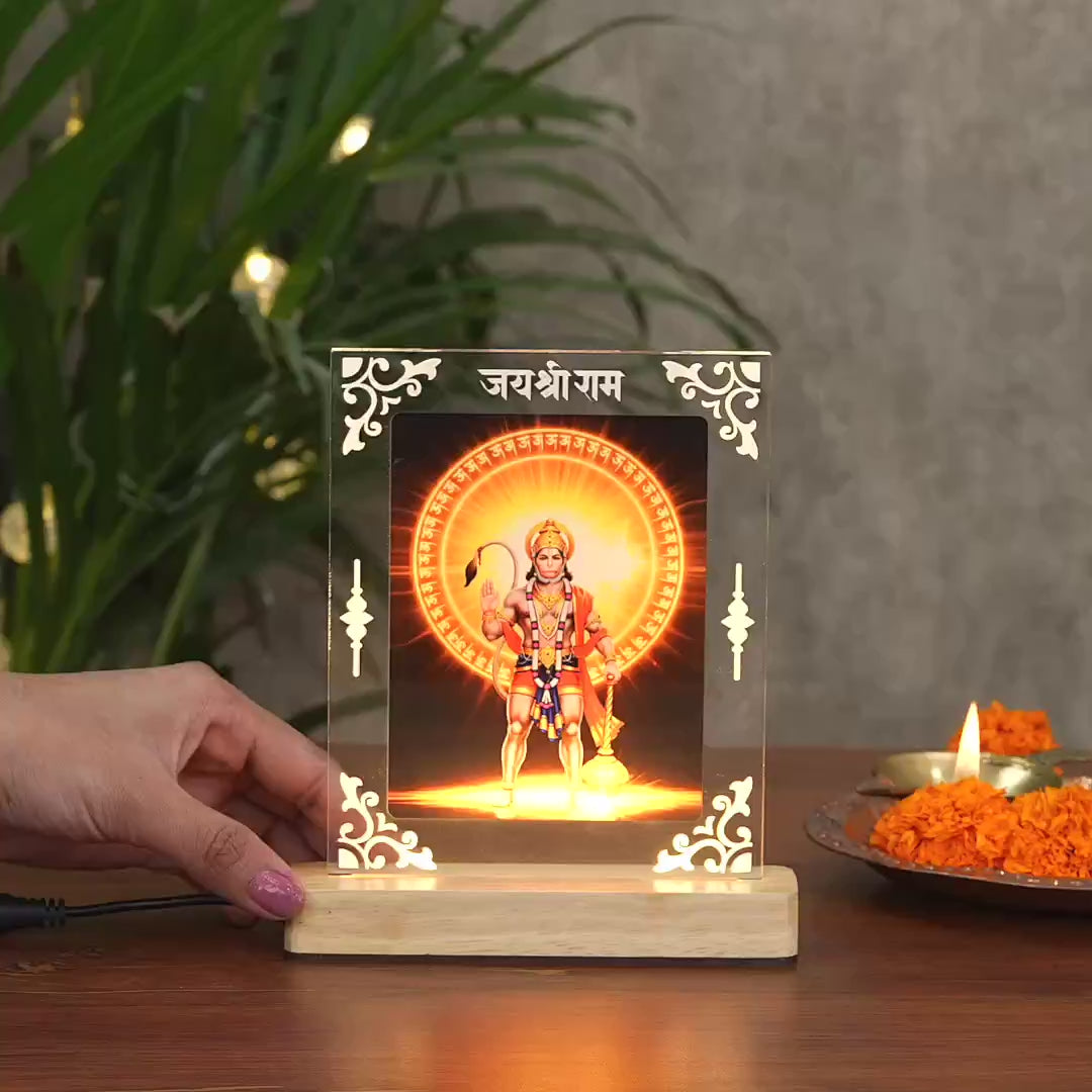 Showcase Video Of Hanuman ji Acrylic Led Laqmp With Wooden Base 