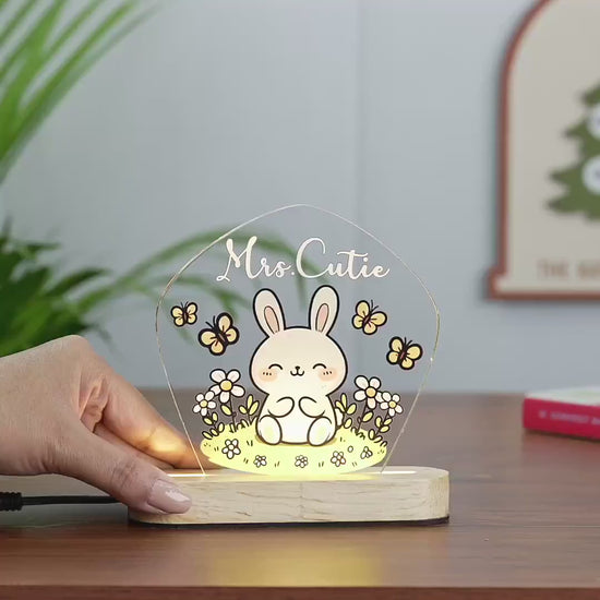 Video capturing the moment the lamp lights up, emphasizing the cute bunny and butterflies