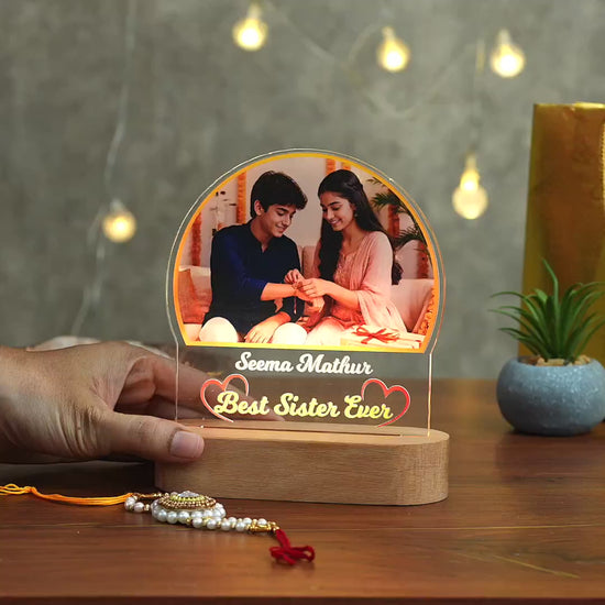 Showcase video of an acrylic LED lamp with the best sister ever text for raksha bandhan
