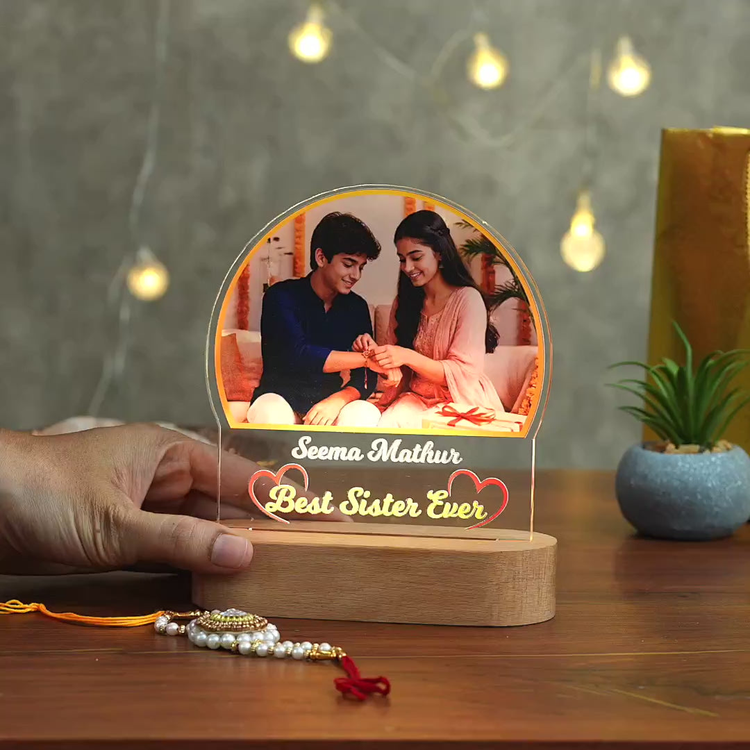 Showcase video of an acrylic LED lamp with the best sister ever text for raksha bandhan