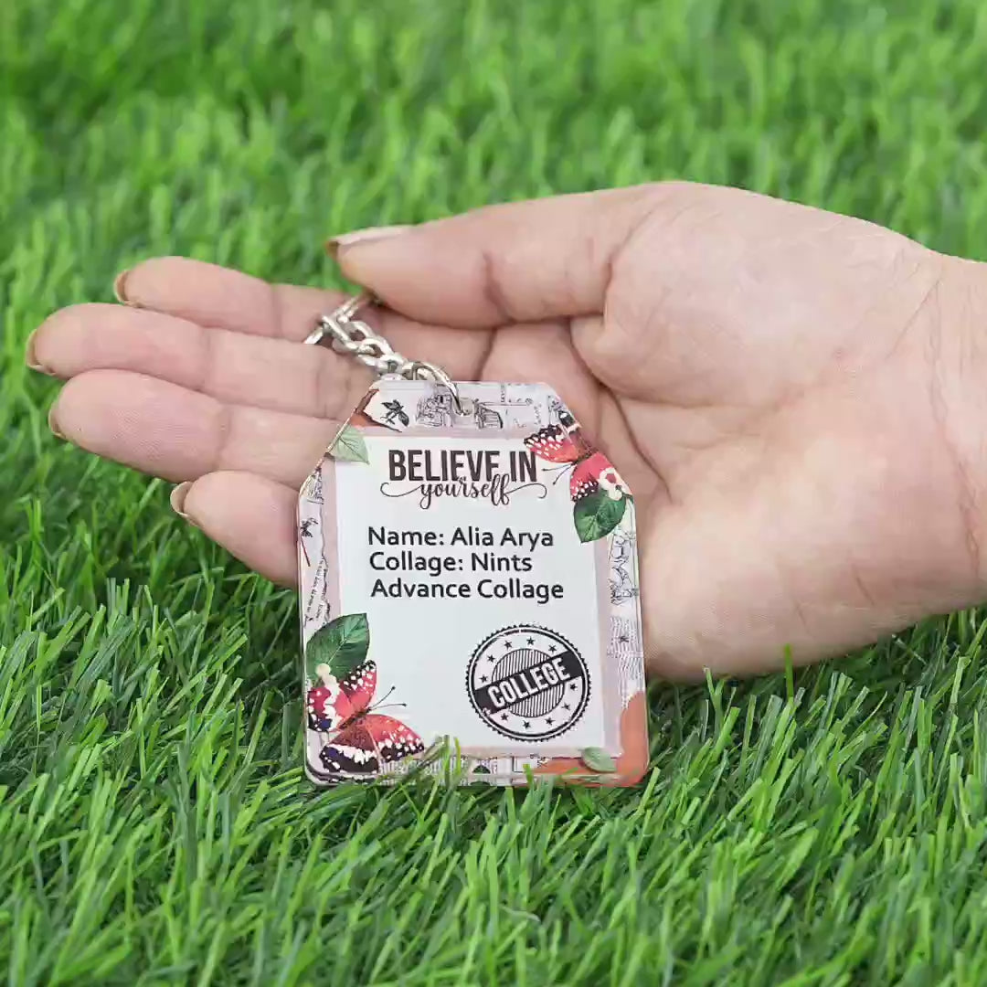 Close up Video of demonstrating how this keychain adds style to a college tote bag or backpack 