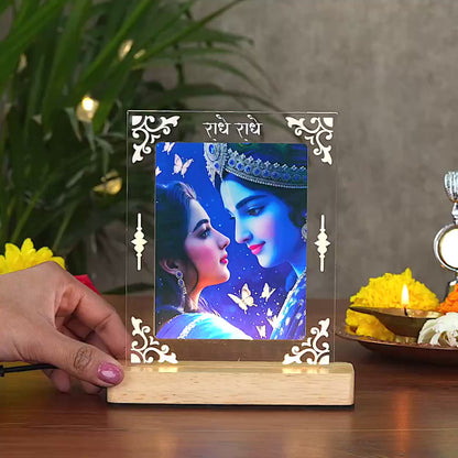 Shree Radha-Krishna Acrylic Led Lamp - Wooden Stand-D1
