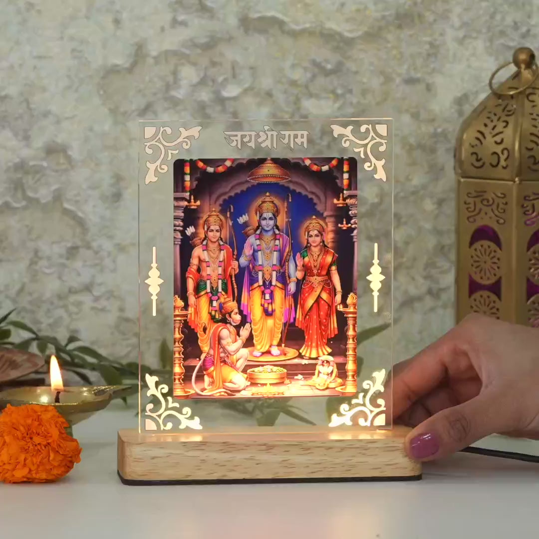 Showcase video of Jai shree ram acrylic led lamp with wooden base and warm glow