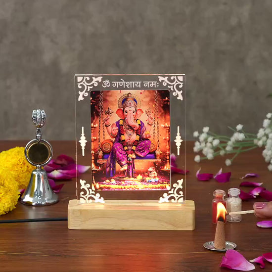 Showcase Video Of Ganesh ji Acrylic LED Lamp With Wooden Base And Warm Glow for Spritual Peace