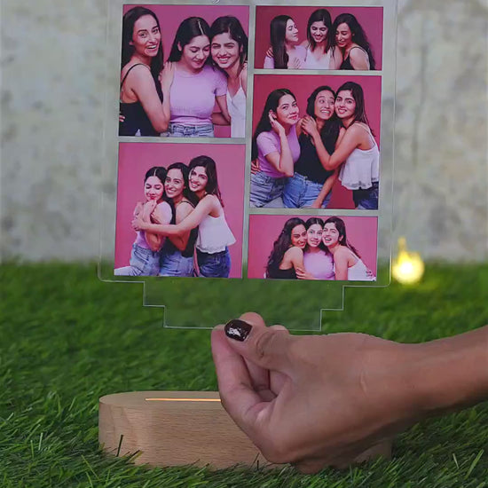 Showcase video of Fashionury Custom My Best Friend My Forever Sister 5 Photo Collage Acrylic LED Lamp with Golden Engraving and Warm Oval Wooden Base