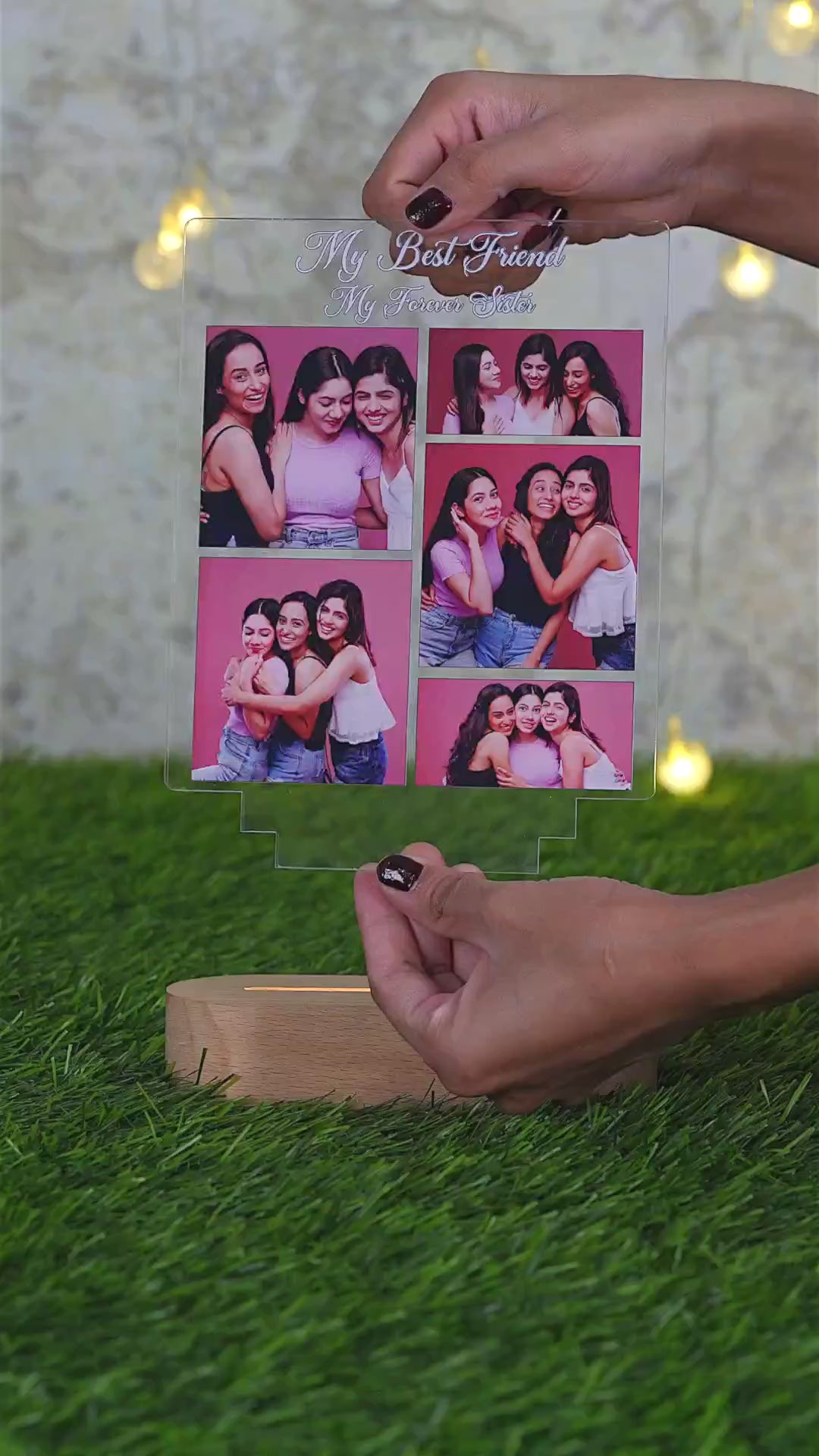Showcase video of Fashionury Custom My Best Friend My Forever Sister 5 Photo Collage Acrylic LED Lamp with Golden Engraving and Warm Oval Wooden Base