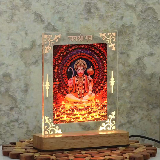 Hanuman Ji 180 degree Acrylic Led Lamp with Warm Glow Wooden Base Video 