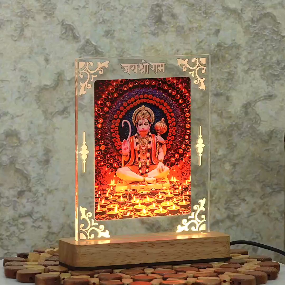 Hanuman Ji 180 degree Acrylic Led Lamp with Warm Glow Wooden Base Video 