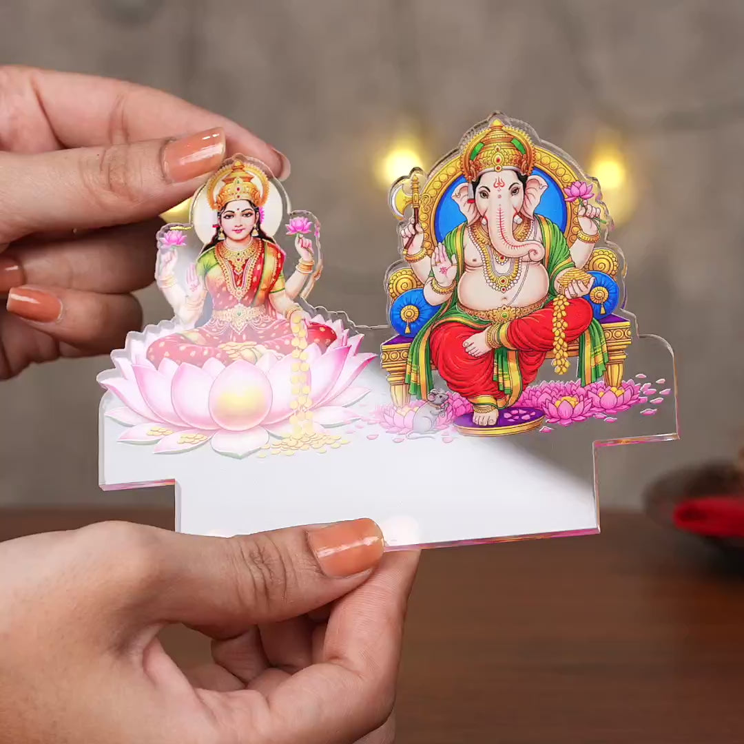 Showcase Video of Lakshmi Ganesha acrylic LED lamp with rechargeable wireless wooden base and warm glow – Diwali pooja decor by Fashionury