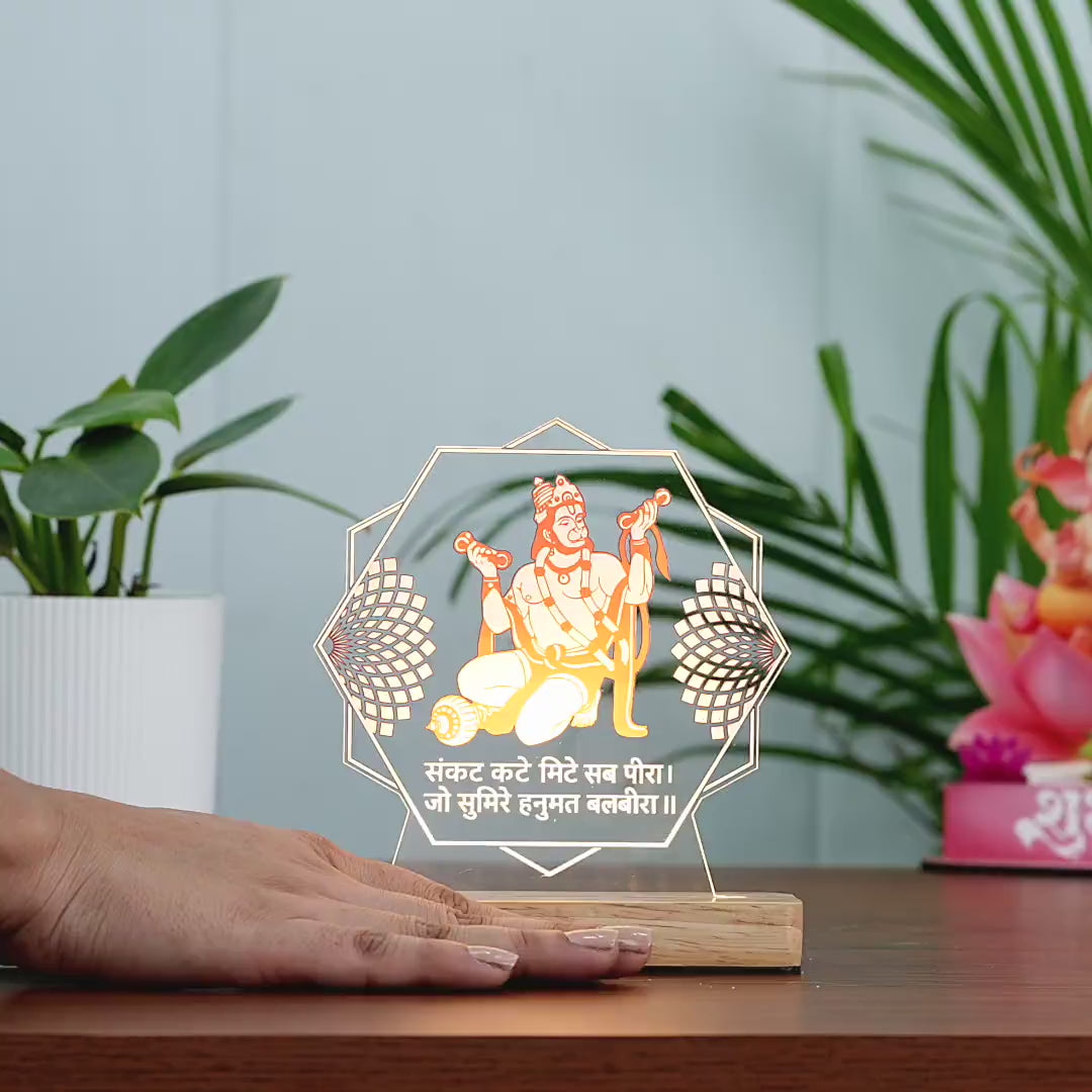 Bajrang Bali Acrylic Led Lamp With Mantra and warm Glow for Positivity and Peace