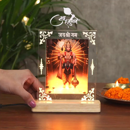 Jai Hanumanji Acrylic Led Lamp With Led Wooden Base and Jai Shree Ram Text 