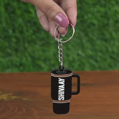 Video of demonstrating how the Mini Tumbler Keychain looks on a backpack or key