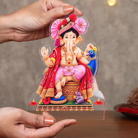 Showcase Video of Lord Ganesha acrylic tabletop frame with royal pink pagdi cut-out design and stand – Ganesh Chaturthi decor by 