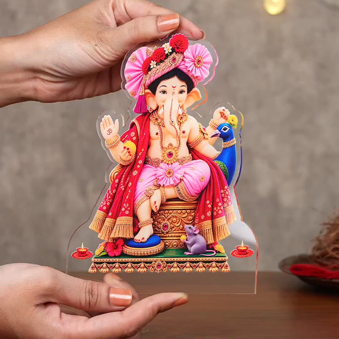 Showcase Video of Lord Ganesha acrylic tabletop frame with royal pink pagdi cut-out design and stand – Ganesh Chaturthi decor by 